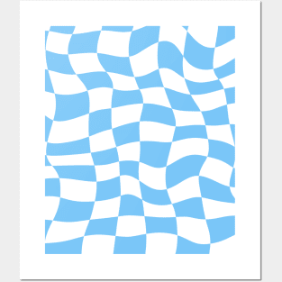 Distorted Sky Blue and White Check Wavy Grid Posters and Art